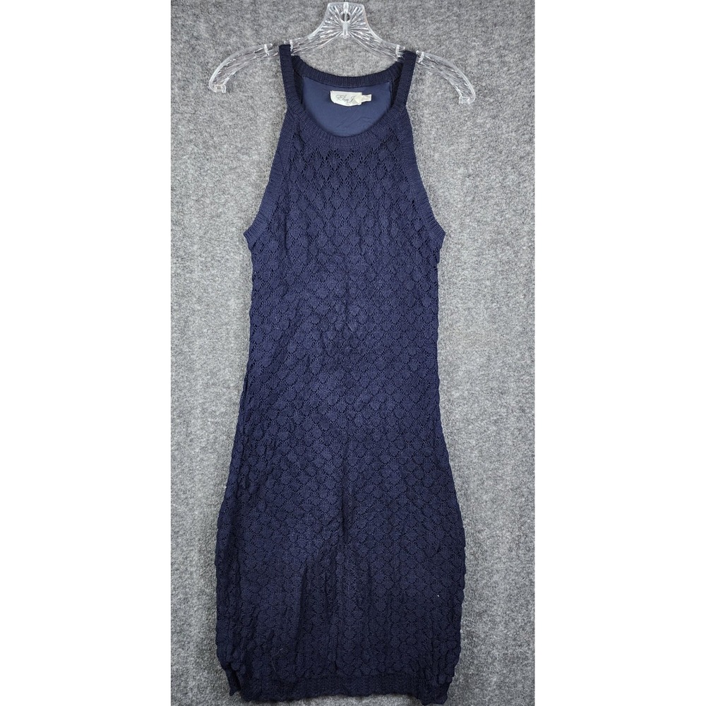 Eliza J Crochet Knit Sheath Dress Women Medium Navy Blue Pointelle Halter Midi